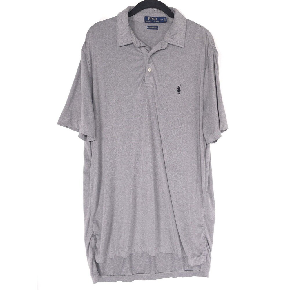 POLO RALPH LAUREN Men’s MEDIUM Performance Polo Shirt Gray Stretch Long Length**